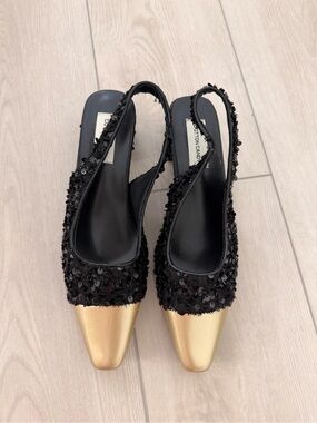 Black Sequin Slingback Mules with Gold Cap Toe